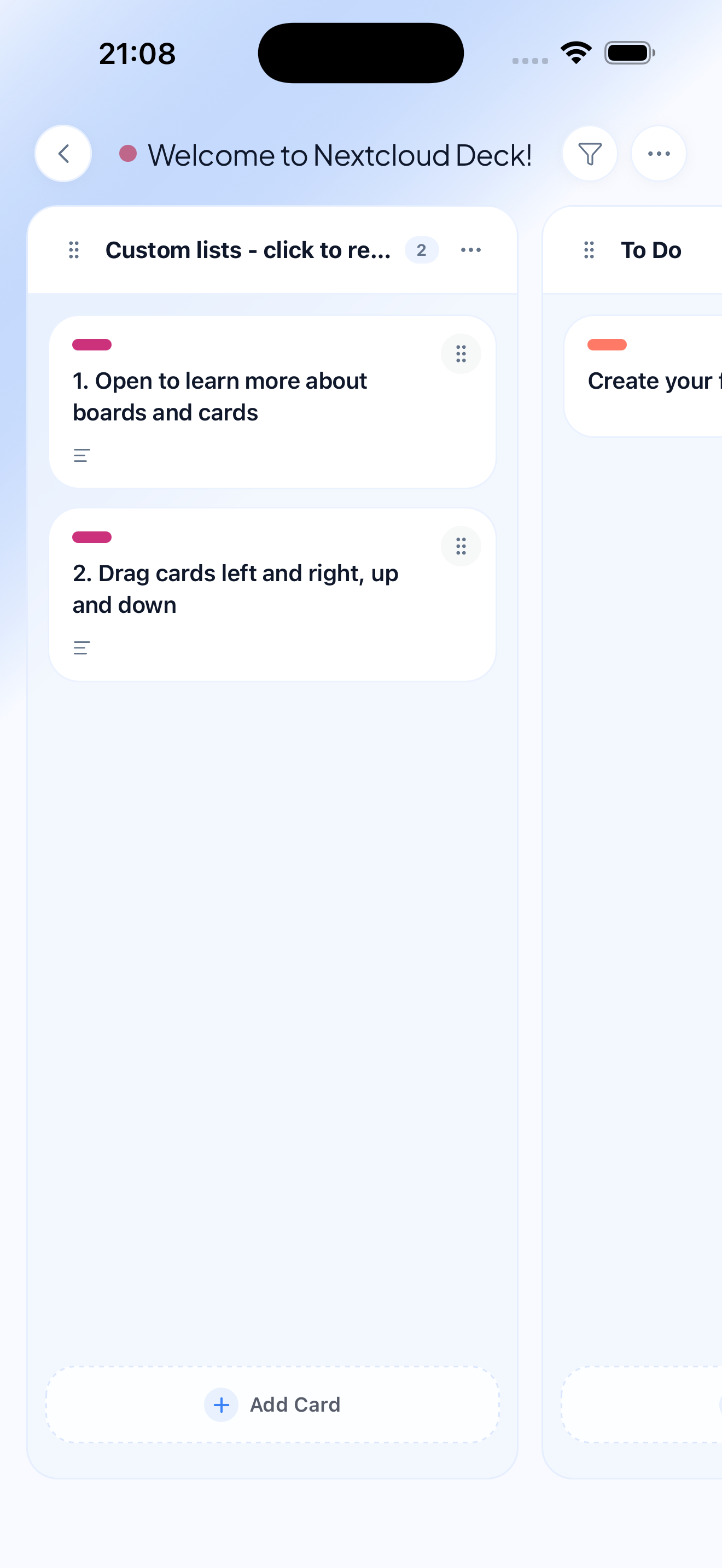 Nextcloud Deck mobile board view