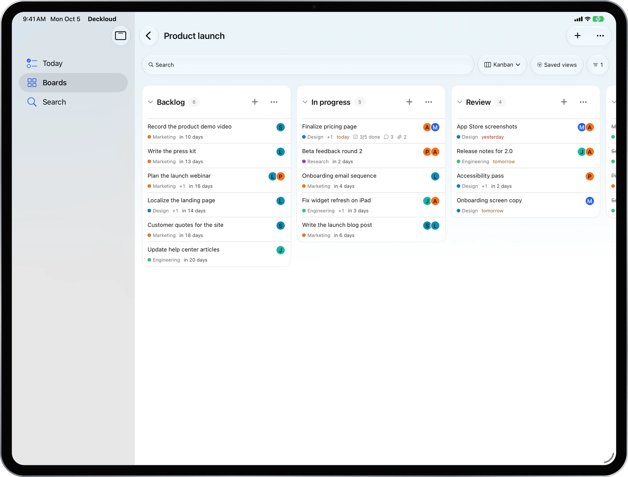 Deckloud on iPad showing Nextcloud Deck sections as side-by-side kanban columns